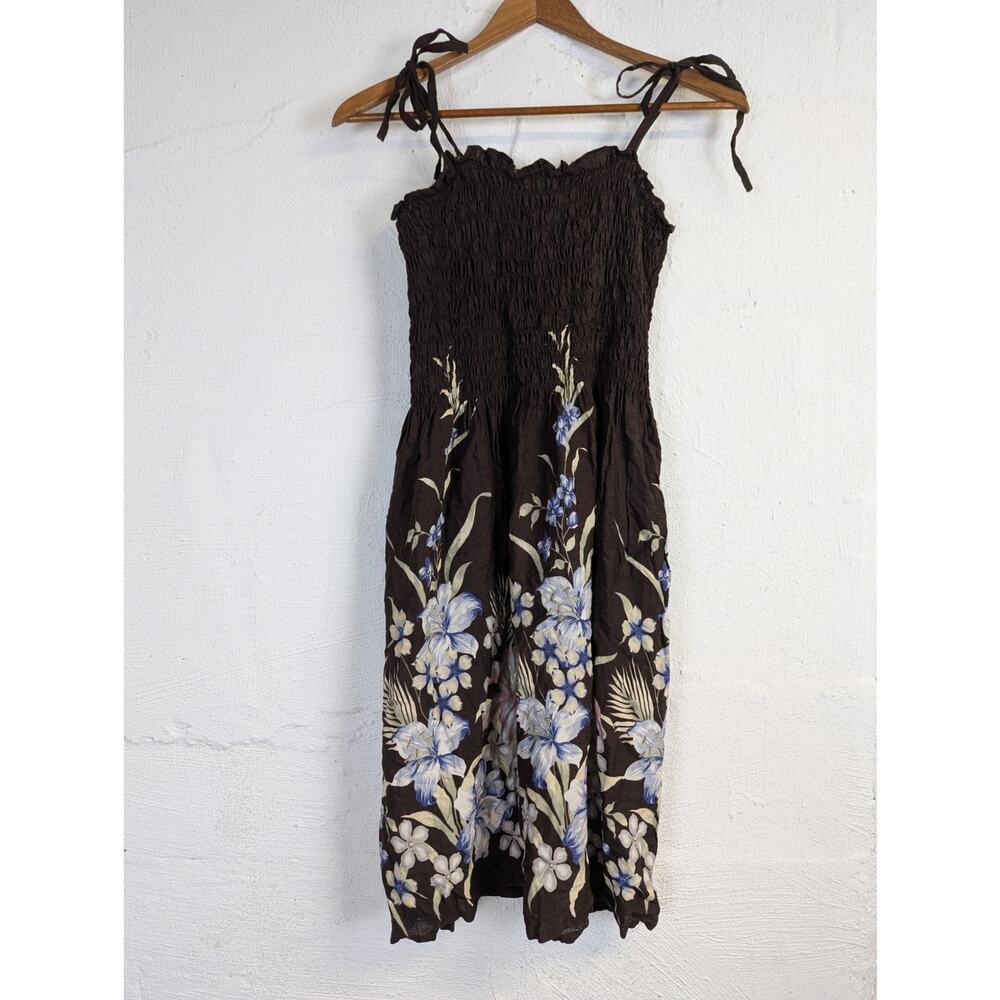 Hibiscus Collection Hawaiian Sundress Brown Floral Midi Smocking Stretch OS